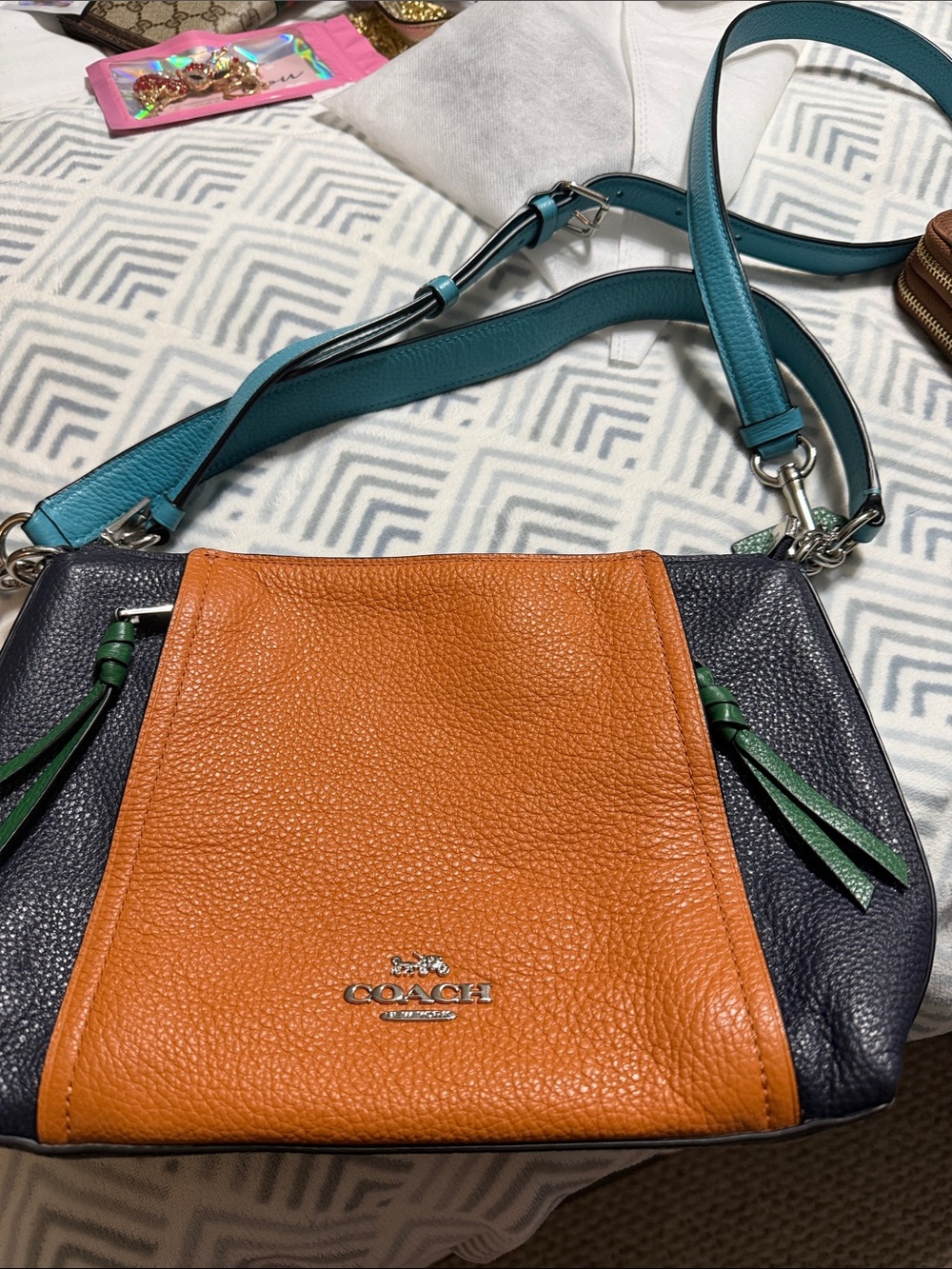 Coach Marlon Colorblock Leather Crossbody satchel in Orange, Teal & Black
